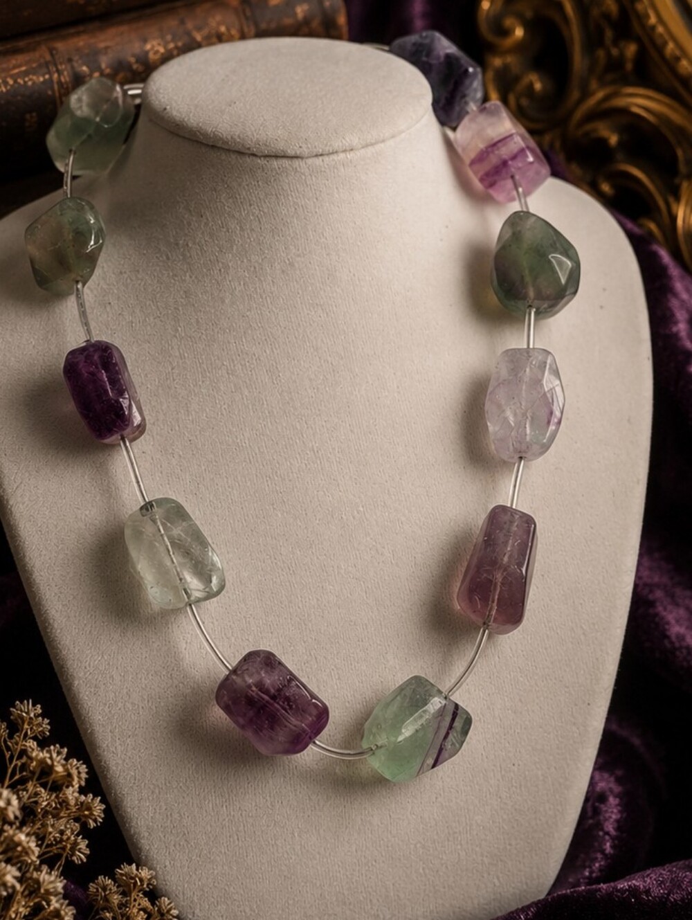 Green Purple Fluorite-Style Stone Bead Necklace 16 Inch